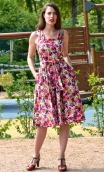 Robe Laland Toscane, Low-cut front-back dress, fitted bust, wide shoulder straps, fitted waist with belt, wide slanted, knee len