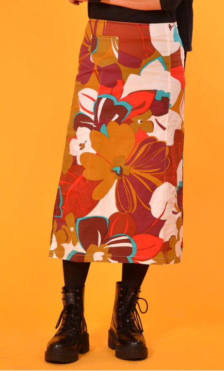 Jupe Curaçao Miami, imprimée coton stretch, droite, mi-mollet. T 38