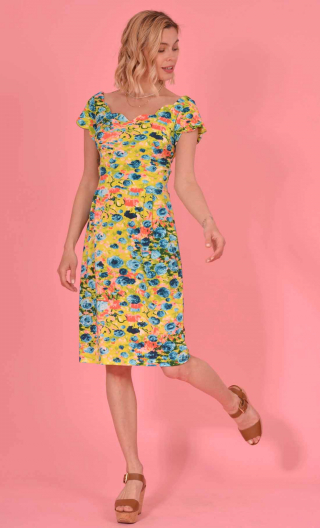 Robe Meringue imprimé Ronsard, encolure et petites manches festonnées, taille marquée. Couture