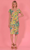 Robe Meringue imprimé Ronsard, encolure et petites manches festonnées, taille marquée. Couture