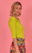 Top Isadora in Basiques Raffinés Pistache, fitted pink jersey, draped neckline front, elbow sleeves. Couture