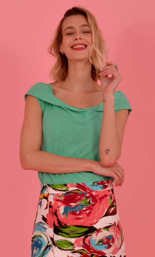 Top Chachacha Flamed Cotton vert d'eau, glamorous, cap sleeves, slightly loose, off plunging neckline, embellished with