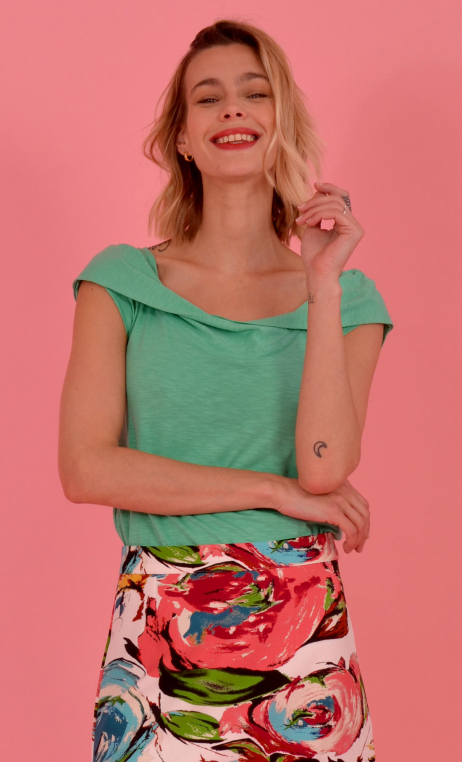 Top Chachacha Flamed Cotton vert d'eau, glamorous, cap sleeves, slightly loose, off plunging neckline, embellished with