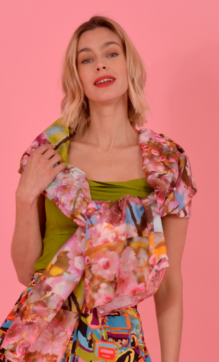  Long stole printed Cerisier du Japon, cotton and silk. Weddings and ceremonies. Elegant, Paris