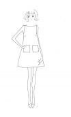 Dress Lady printed Rosebud fluo, Three-hole dress, trapeze, patch pockets, elegant, sixties, Paris.