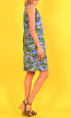 Robe Lady imprimée Du côté de chez Claude, trois-trous, genou, trapèze, poches plaquées, courte. Années soixante, Paris