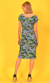 Dress Meringue printed Du côté de chez Claude, scalloped neckline, small sleeves, marked waist. Couture