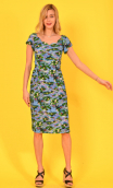 Dress Meringue printed Du côté de chez Claude, scalloped neckline, small sleeves, marked waist. Couture