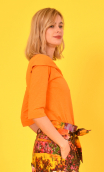Top Aurore Coton Flammé orange papaye, jersey loose, encolure drapée devant, manches ¾, sixties.