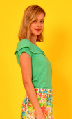 Top A Tire d'Aile en Coton Flammé vert d'eau, cotton, short sleeves, boat neckline with collar.