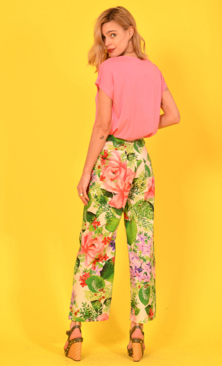 Pantalon Gabor imprimé Délicieux jardins. Coton,7/8ème, taille haute, profil plat, zip côté, poches plaquées, bohême chic, créat