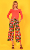 Pantalon Kowloon printed Mesdemoiselles , cotton, wide and 7/8th pants, pleat under tie belt, pockets. Parisian designer