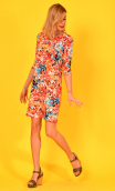 Dress Phil printed Rosebud, Crew neck, elbow sleeves, trapezoidal line. French designer.