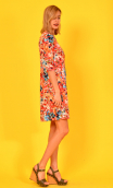 Dress Phil printed Rosebud, Crew neck, elbow sleeves, trapezoidal line. French designer.