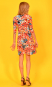 Dress Phil printed Rosebud, Crew neck, elbow sleeves, trapezoidal line. French designer.