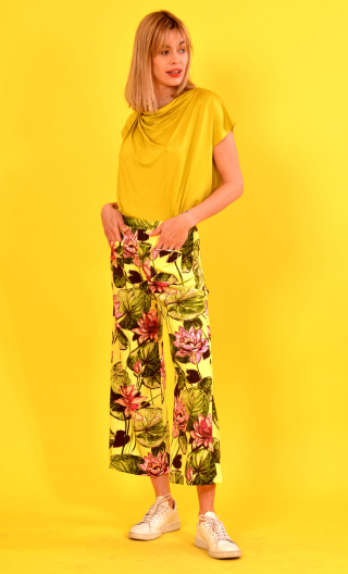 Pantalon Gus printed Nénuphars , 7/8 wide pants, stretch, high waist, flat profile. French designer