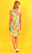 Robe Lady en imprimé Rosebud fluo , trois-trous, trapèze, poches plaquées, années 60, élégante, Paris.