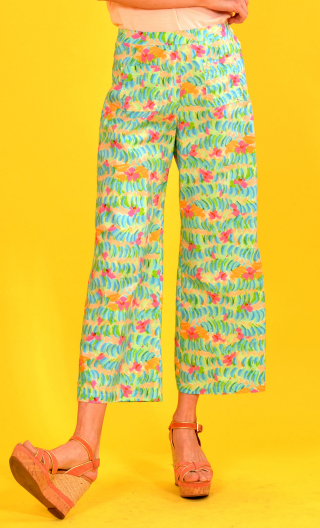 Pantalon Kirk imprimé Au gré du vent. Coton,7/8ème, taille haute, profil plat, zip côté, poches plaquées, bohême chic, créateur 
