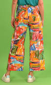 Pantalon Kirk imprimé Colorama, multico. Coton,7/8ème, taille haute, profil plat, zip côté, poches plaquées, bohême chic, créate