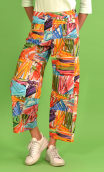 Pantalon Kirk imprimé Colorama, multico. Coton,7/8ème, taille haute, profil plat, zip côté, poches plaquées, bohême chic, créate