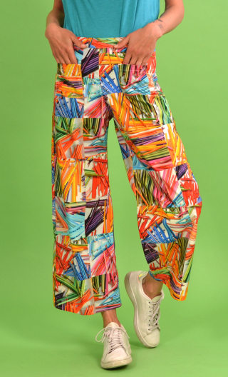 Pantalon Kirk imprimé Colorama, multico. Coton,7/8ème, taille haute, profil plat, zip côté, poches plaquées, bohême chic, créate