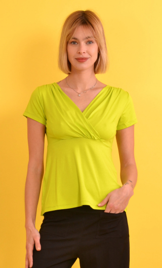 Top Zelda Basiques Raffinés Pistache, jersey, crossed V neckline, chest panel, short sleeves, sixties look.