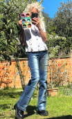 Pantalon denim. Sérigraphie or. Stretch. Taille 36. Sérigraphie or