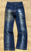 Pantalon denim. Sérigraphie or. Stretch. Taille 36. Sérigraphie or