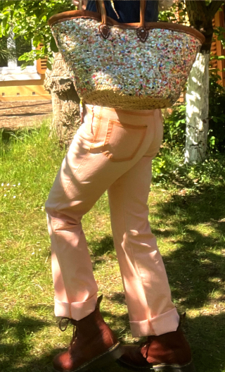Pantalon Saxo. Retrodye saumon. Taille 40. Jean 5-poches, taille haute