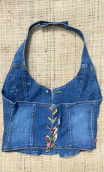 Guêpière Emma. Denim. Gilet dos nu, bretelles, original, taille unique