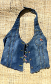 Guêpière Emma. Denim. Gilet dos nu, bretelles, original, taille unique