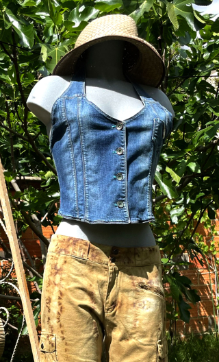 Guêpière Emma. Denim. Gilet dos nu, bretelles, original, taille unique