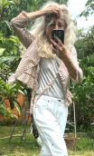 Boléro Bibby. Pois rose. Veste légère sans bouton, ferme avec liens