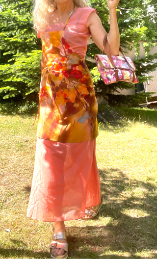 Robe longue La Bambouseraie. Voile saumon, coton rose transparent