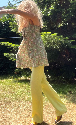 Pantalon Saxo. Retrodye anis. Taille 38. Jean 5-poches, coton stretch