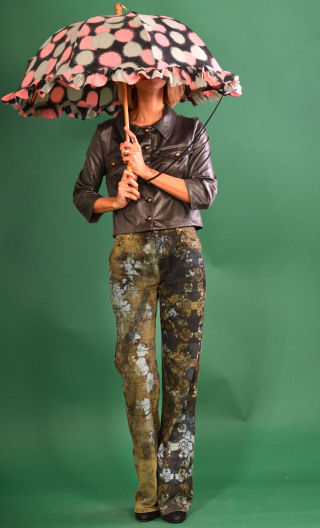 Pantalon Saxo. Empreintes bronze. Taille 36, Denim imprimé fleurs