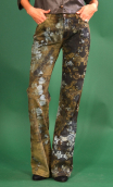 Pantalon Saxo. Empreintes. Taille 36, pièce unique. Denim imprimé bronze