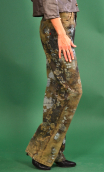 Pantalon Saxo. Empreintes. Taille 36, pièce unique. Denim imprimé bronze