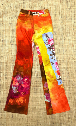 Pantalon Monet orange. Petite fille. Taille 32 ou 34, coton fleurs 