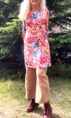 Dress Phil printed Rosebud, Crew neck, elbow sleeves, trapezoidal line. French designer.