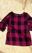 Blouse carreaux fuchsia. Taille 36/38. Manche ballon, chemise longue