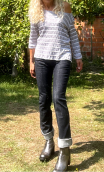 Pantalon Elvis. Denim black. Grand Palais jaune. Jean stretch, Taille 38