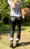 Pantalon Elvis. Denim black. Grand Palais jaune. Jean stretch, Taille 38