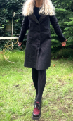 Manteau. Taffetas choco rayé. Doublé, élégant
