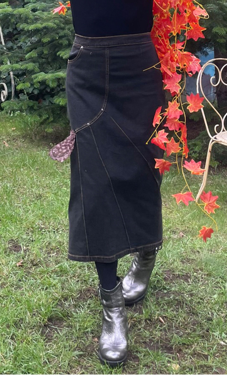 Jupe Diamond. Denim choco et dentelle, stretch, droite, ajustée