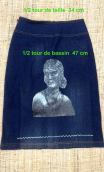 Jupe Romana. Matahari. Sérigraphie visage or sur Denim. Droite stretch