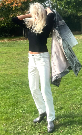 Pantalon Elvis. Velours calcaire. Jean stretch blanc