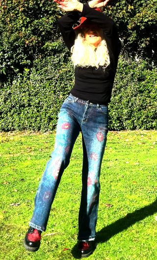 Woman trousers Denim printed flowers. Jean 5-poches stretch. Size 36