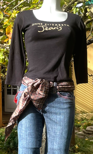 Top danseuse. Noir. AE Jean's doré, Jersey manche 3/4, décolleté 