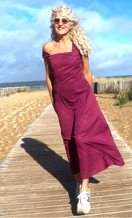 Robe Marie-Galante. Indian blues. Cassis. Longue fluide, Coton soie 